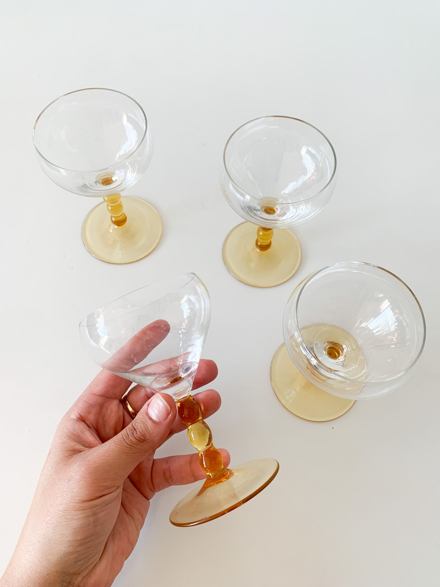 Vintage Amber Bubble Stem Glasses set of 4.