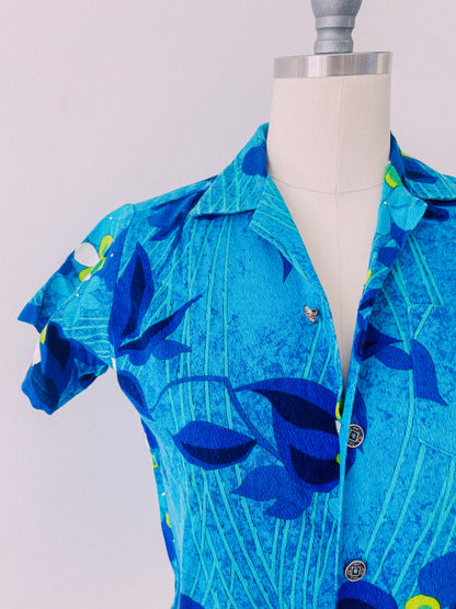 1960s Tropical Blue Floral Shirt