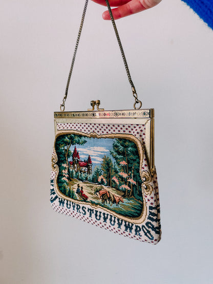 1950s Pastoral Scene Needlepoint Purse