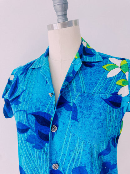 1960s Tropical Blue Floral Shirt