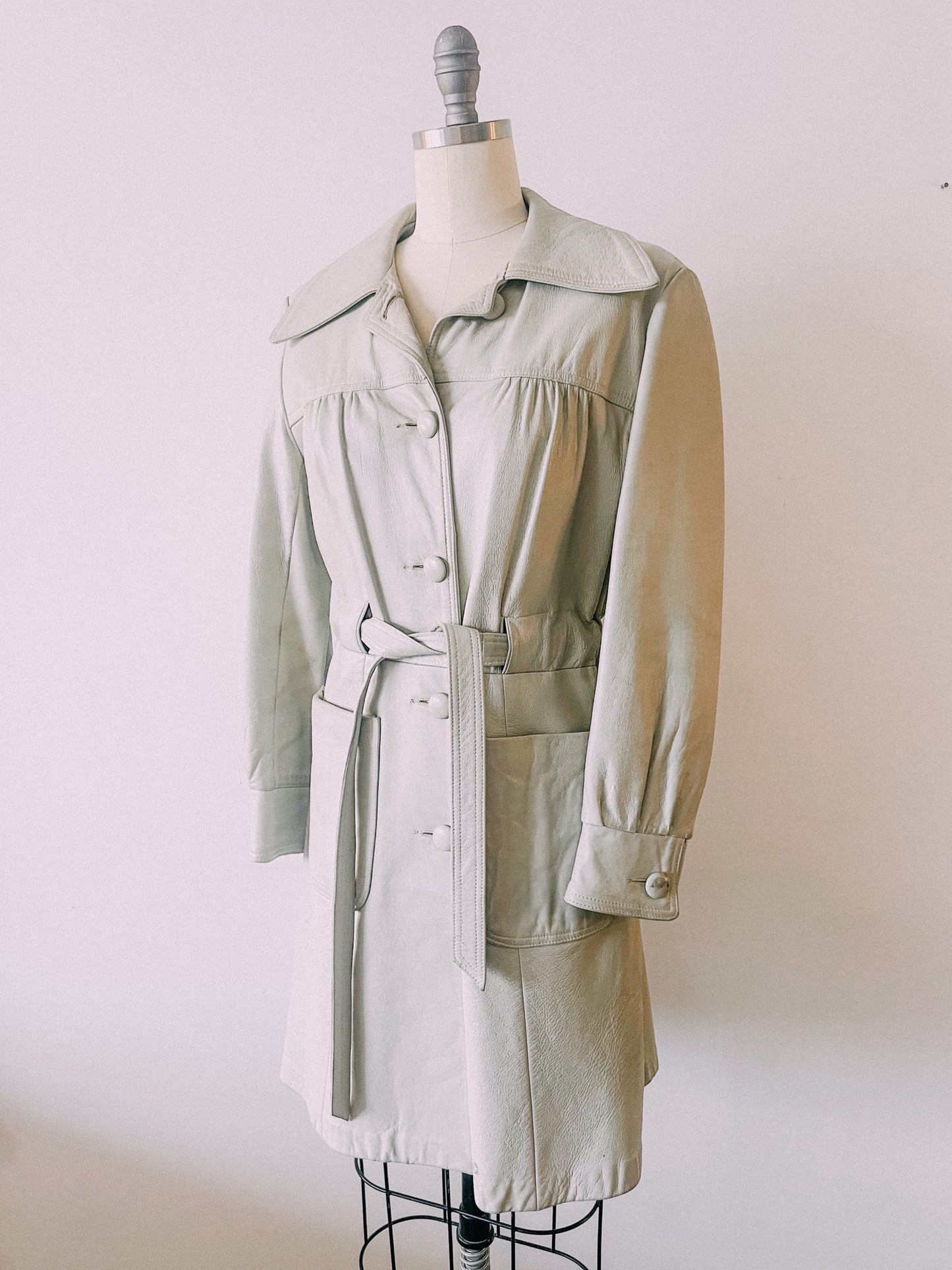 1970s Stone Gray Leather Trench Coat