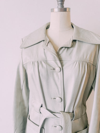 1970s Stone Gray Leather Trench Coat