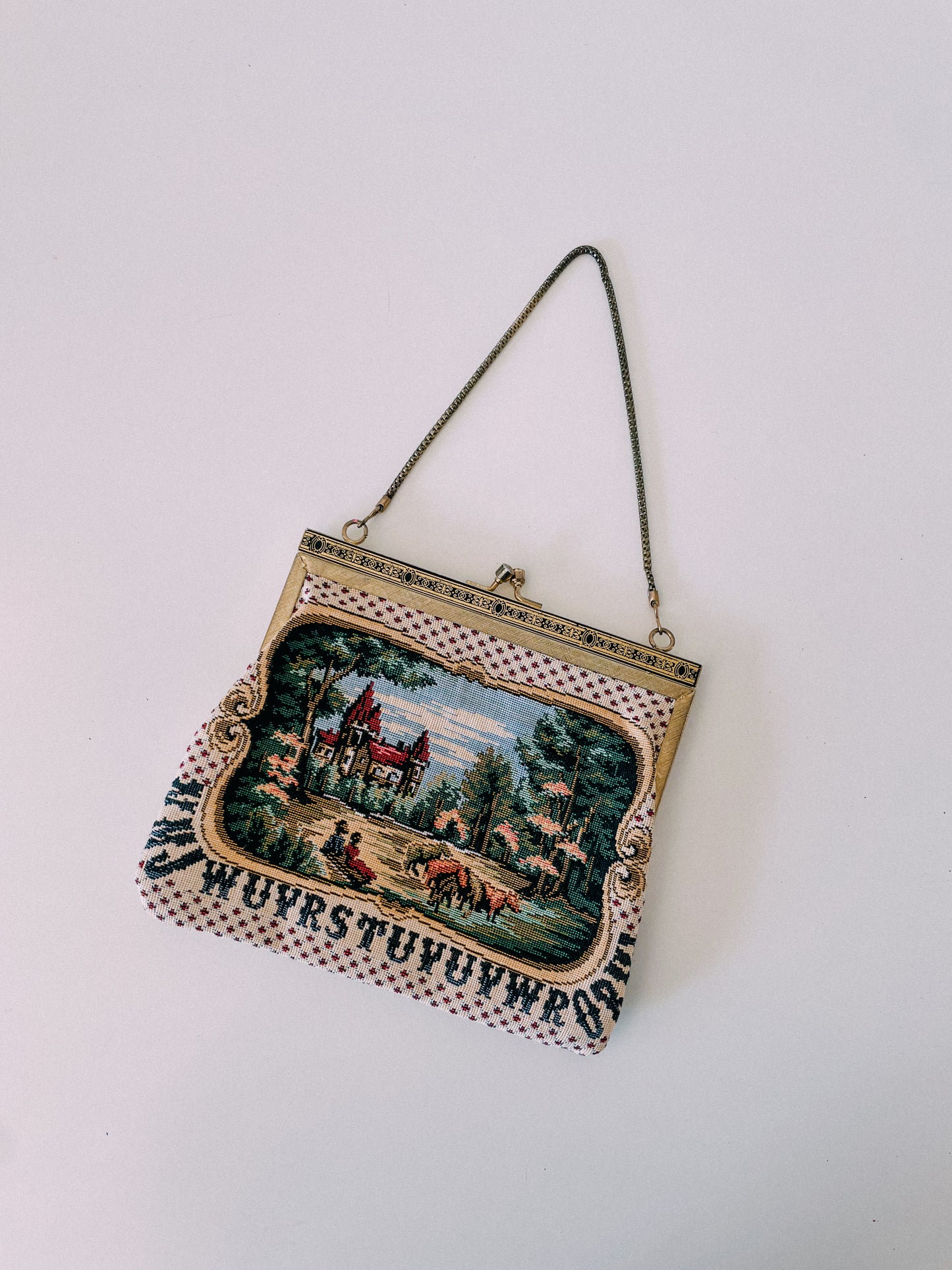 1950s Pastoral Scene Needlepoint Purse