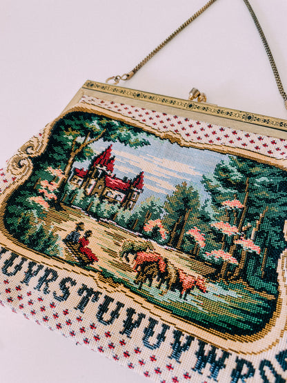 1950s Pastoral Scene Needlepoint Purse