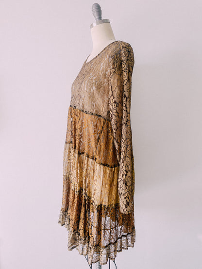 1990s Bronze Tiered Lace Dress