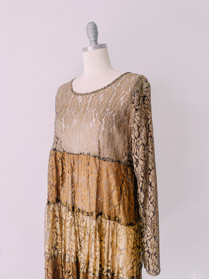 1990s Bronze Tiered Lace Dress