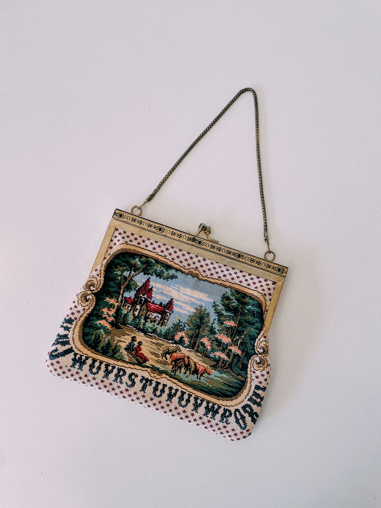 1950s Pastoral Scene Needlepoint Purse