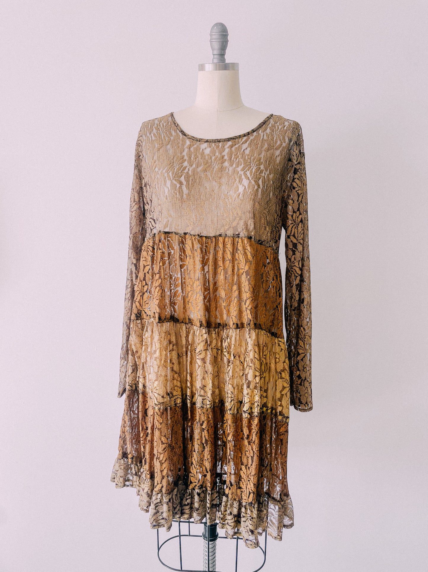 1990s Bronze Tiered Lace Dress