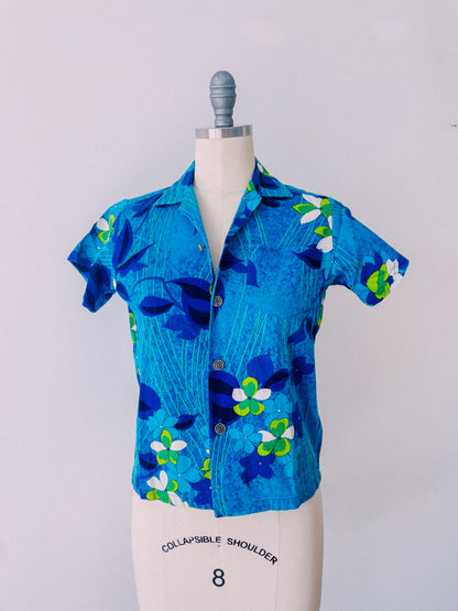 1960s Tropical Blue Floral Shirt