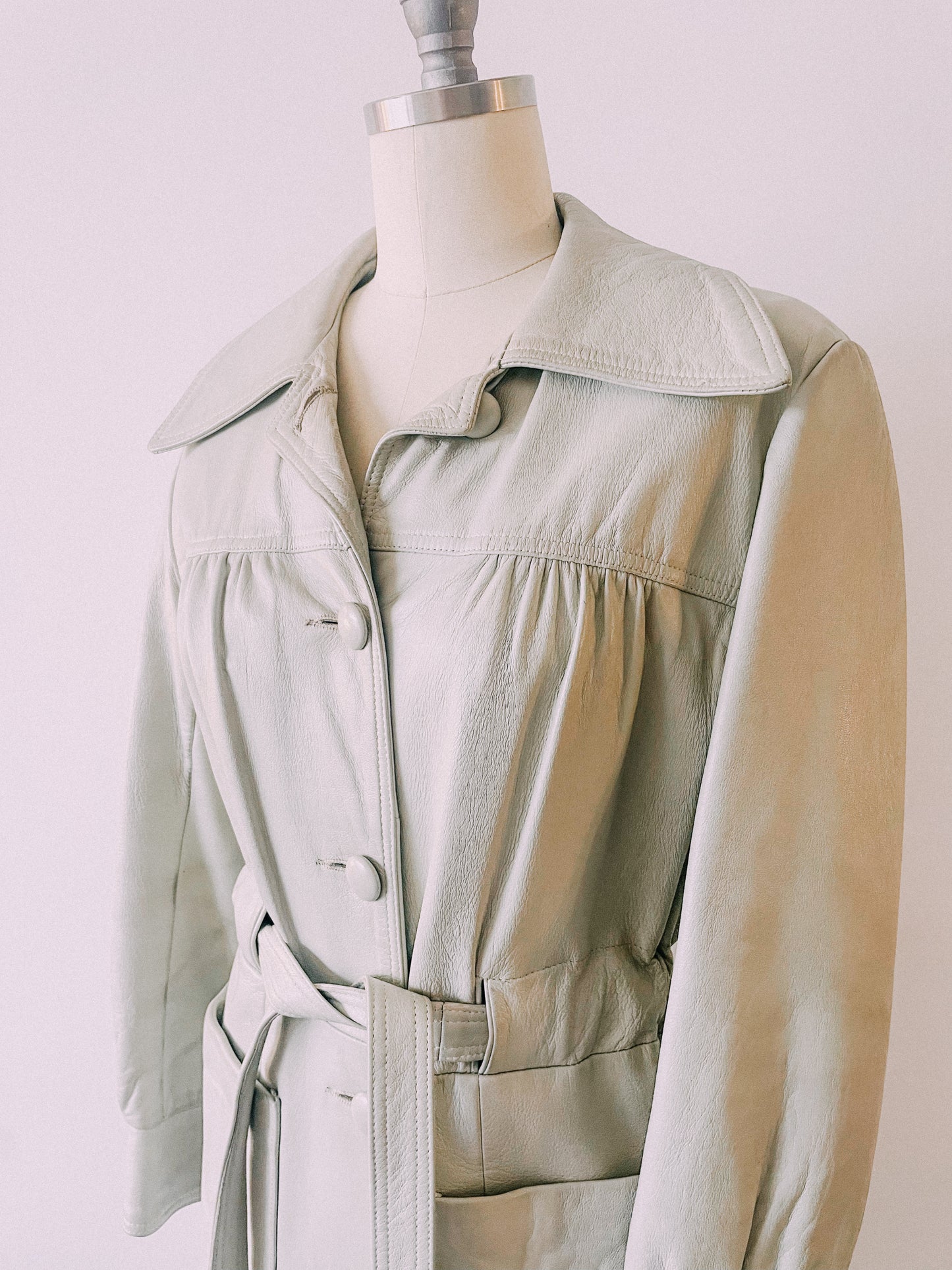 1970s Stone Gray Leather Trench Coat