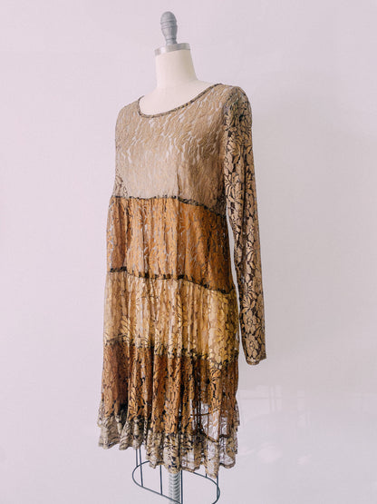 1990s Bronze Tiered Lace Dress