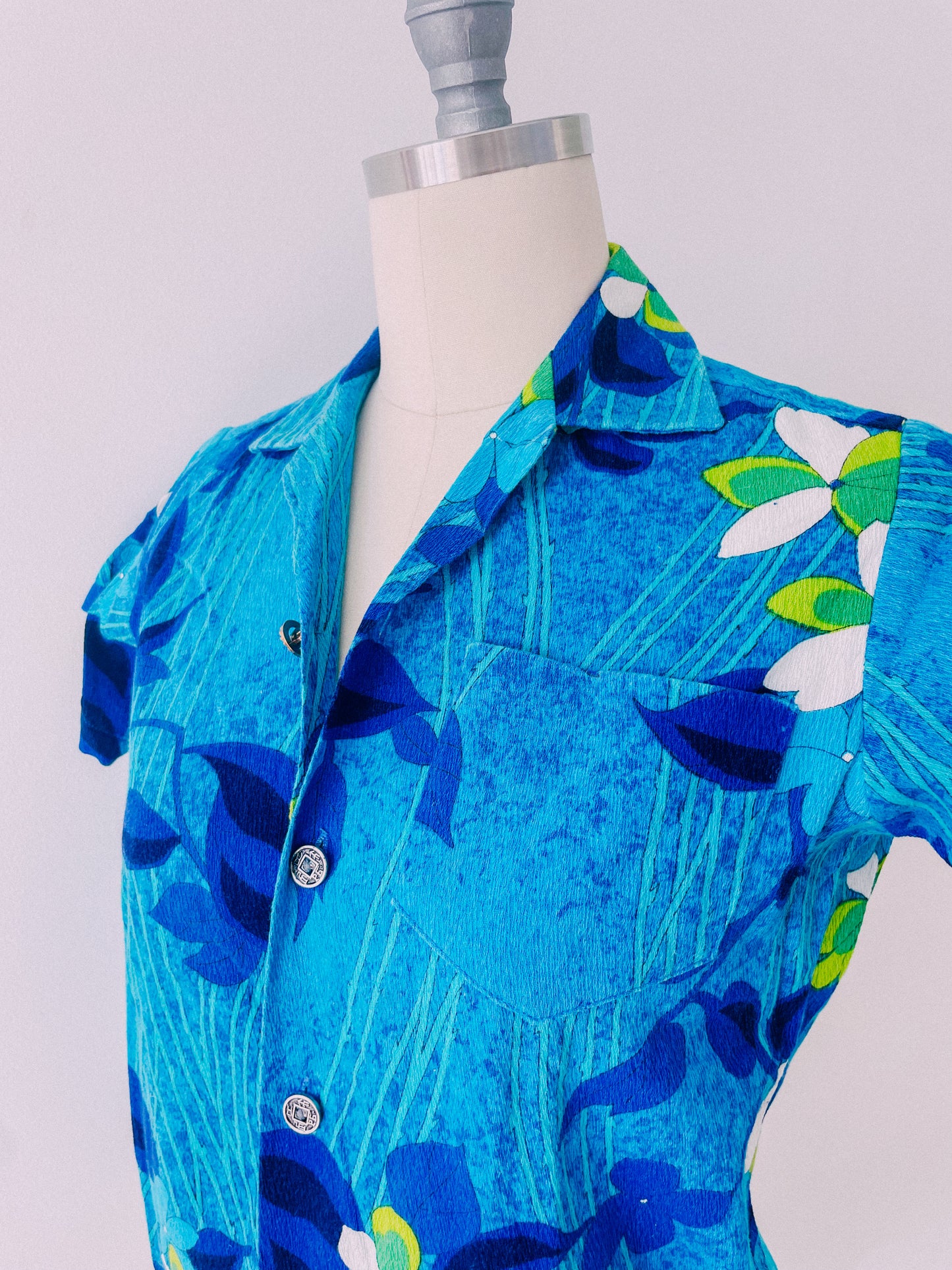 1960s Tropical Blue Floral Shirt