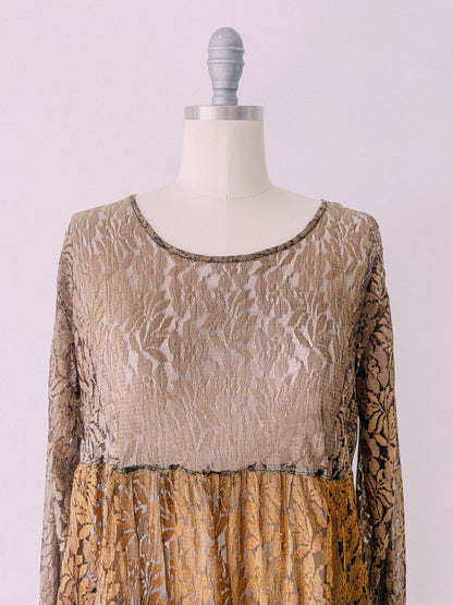 1990s Bronze Tiered Lace Dress