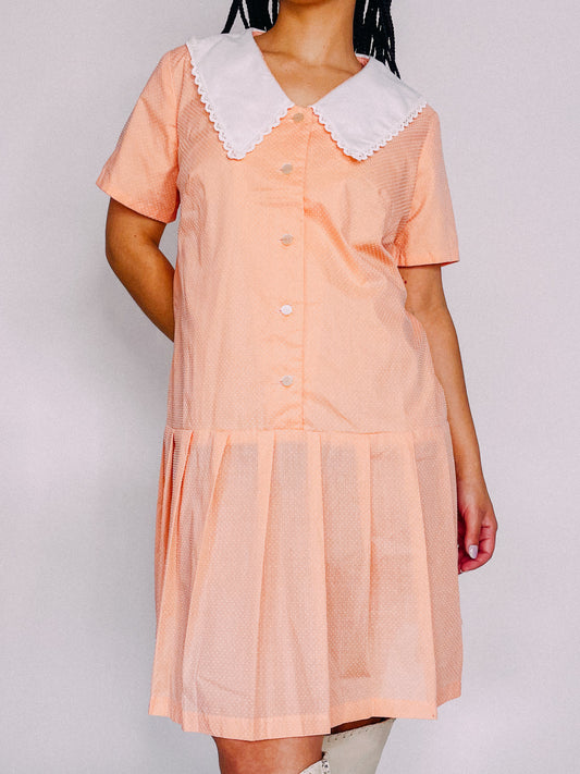 1960s Peach Swiss Dot Drop-Waist Dress