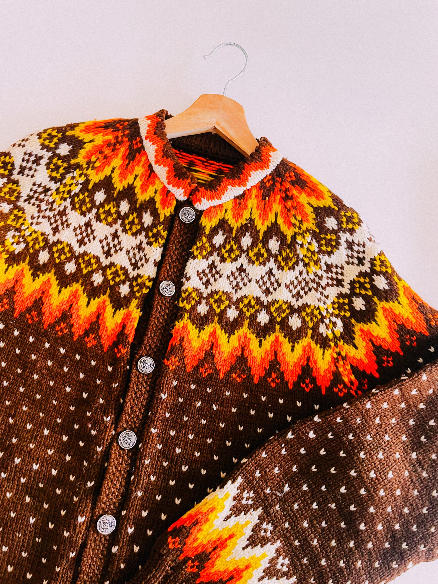 1970s Hand-Knit Warm Tone Cardigan Sweater