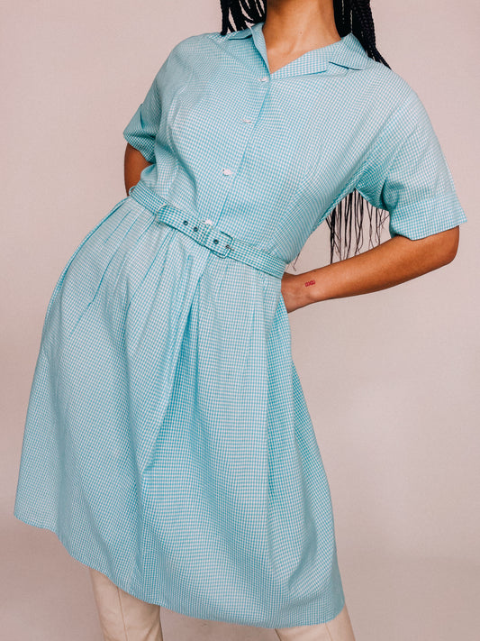 1960s Blue Gingham Shirt Dress