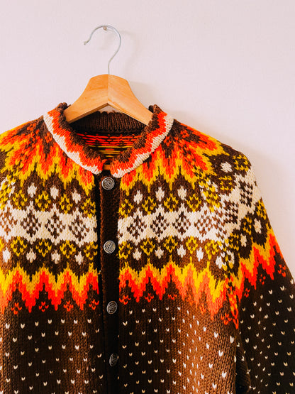 1970s Hand-Knit Warm Tone Cardigan Sweater