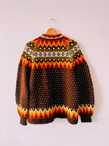 1970s Hand-Knit Warm Tone Cardigan Sweater