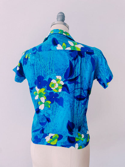 1960s Tropical Blue Floral Shirt