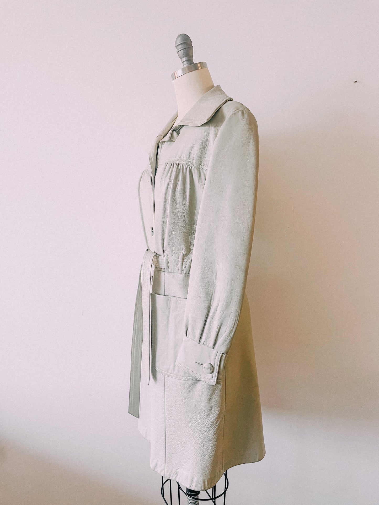 1970s Stone Gray Leather Trench Coat