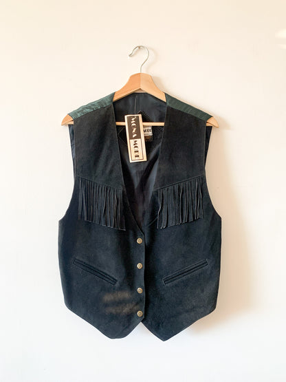 80s Black Leather Fringe Vest