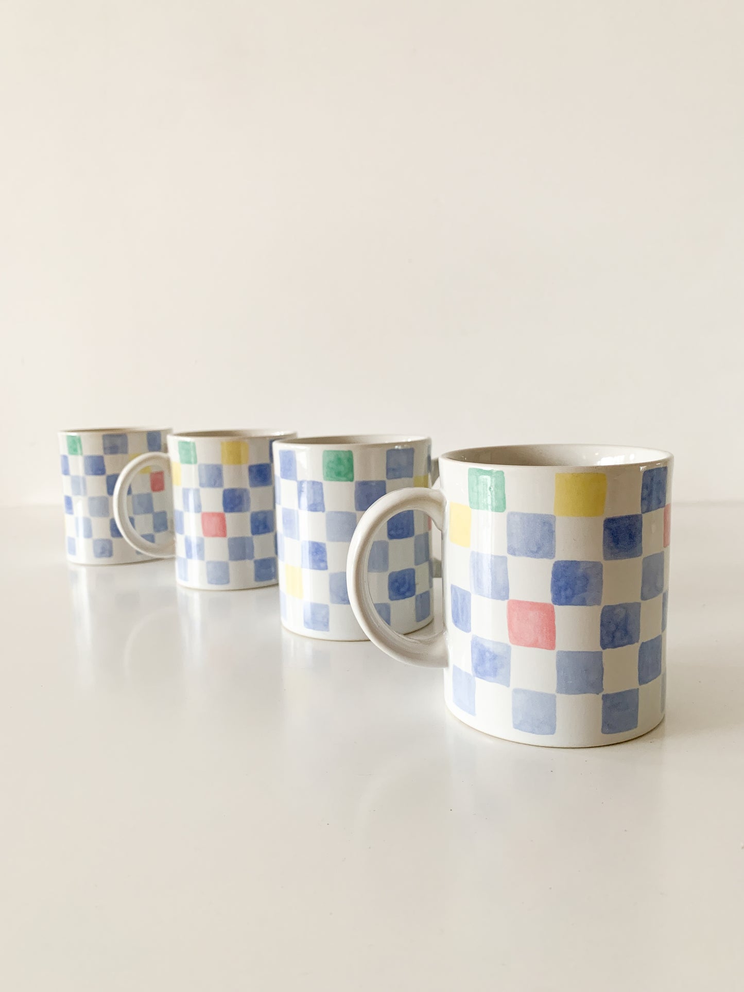 Vintage Pastel Checker Mugs, set of 4.