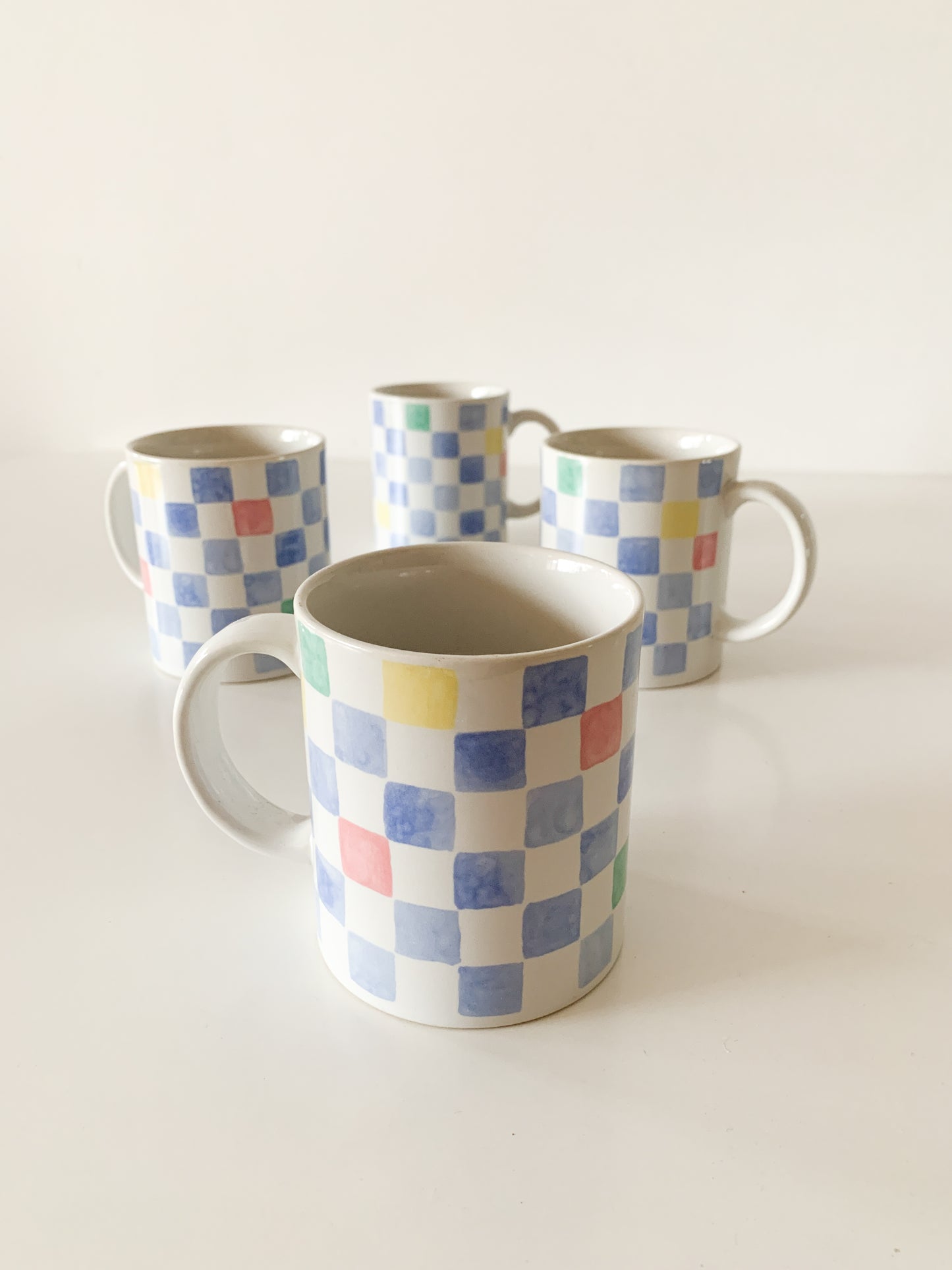 Vintage Pastel Checker Mugs, set of 4.