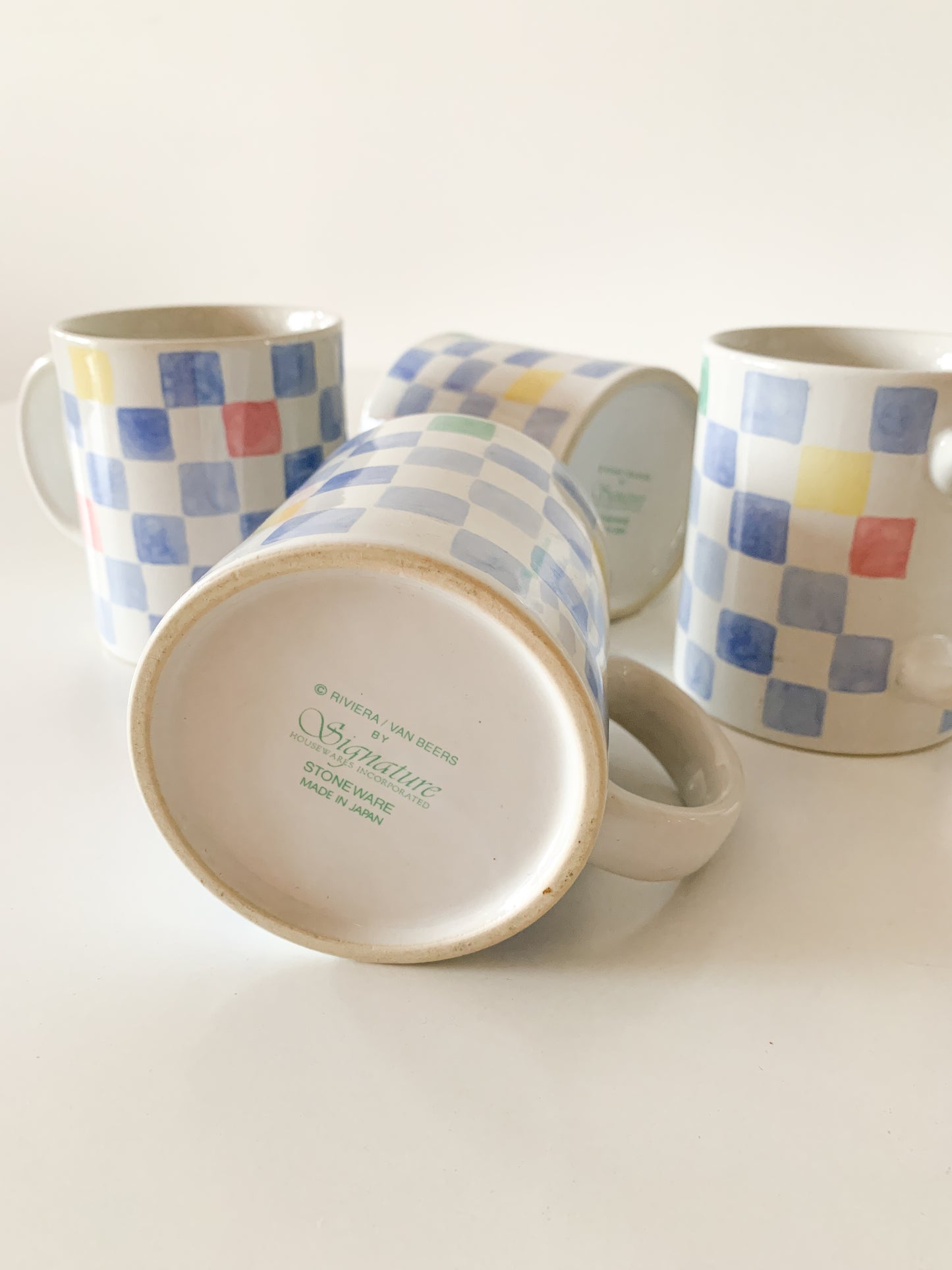 Vintage Pastel Checker Mugs, set of 4.