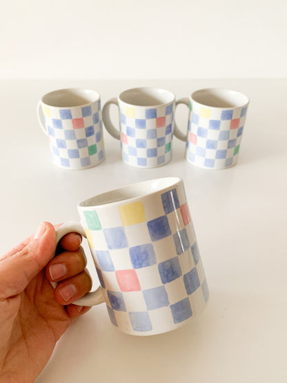 Vintage Pastel Checker Mugs, set of 4.