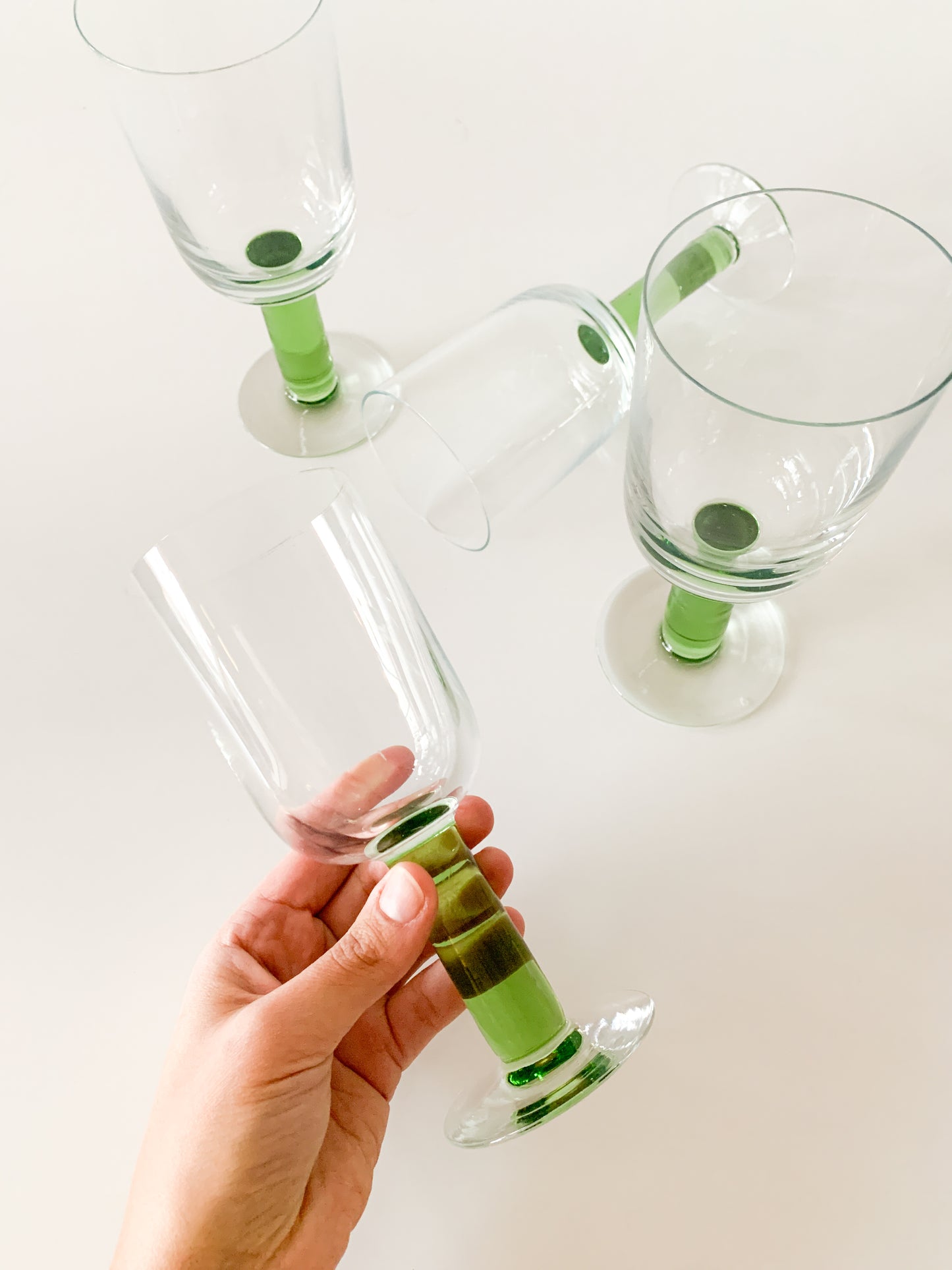 Vintage Chunky Green Stem Glasses, set of 4.