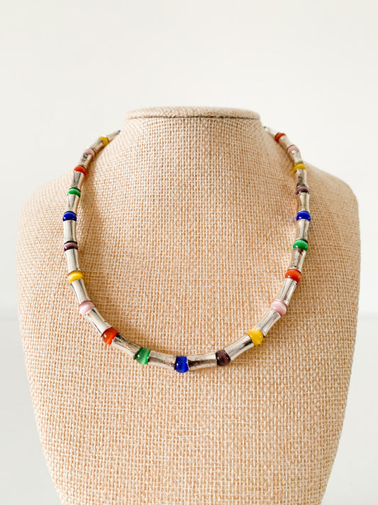 Vintage Rainbow Silver Beaded Necklace