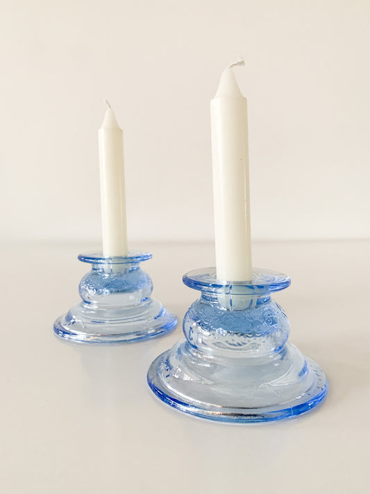 Vintage Blue Glass Candle Holders, set of 2.