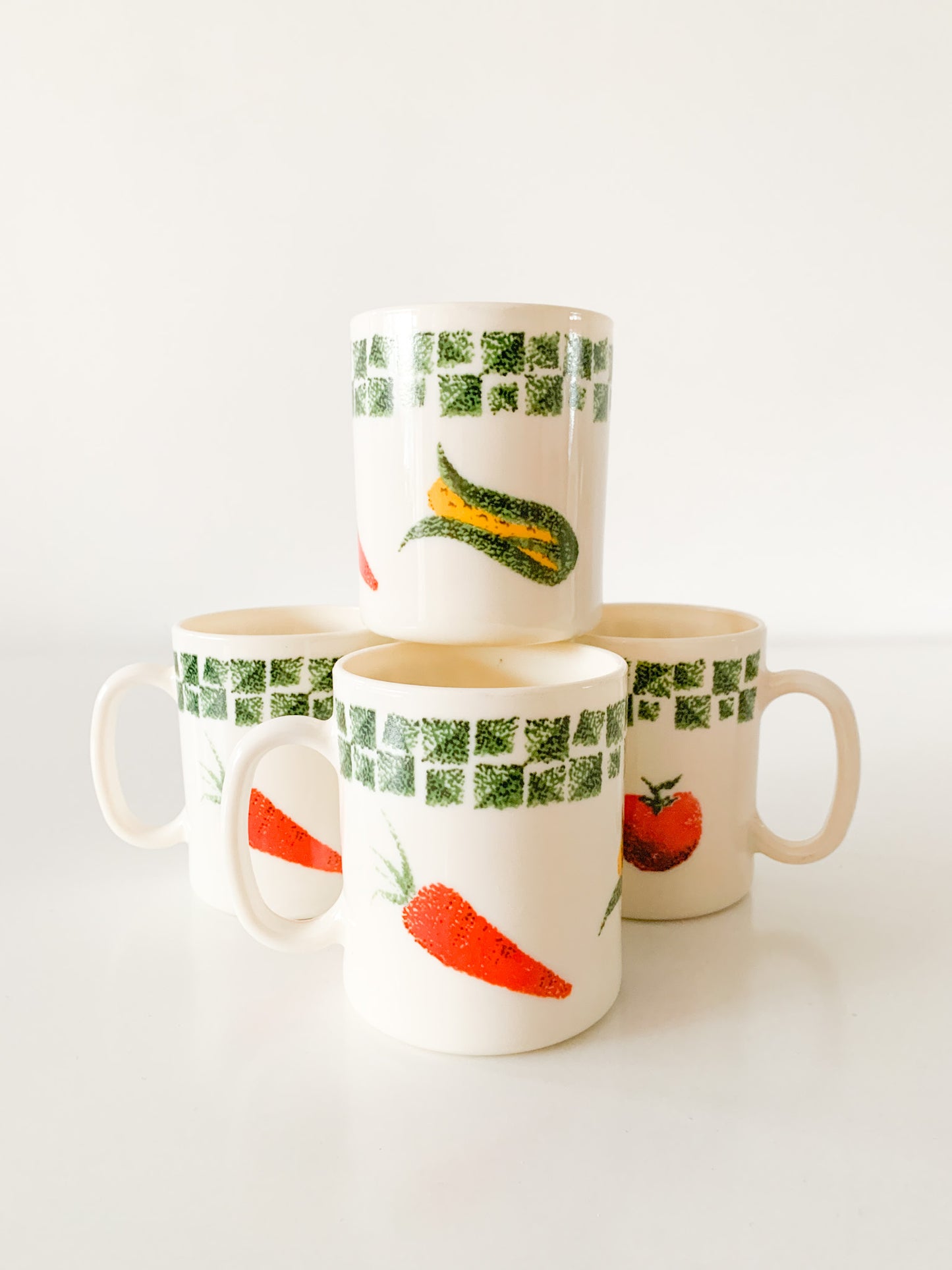 Vintage Arcopal France Vegetable Mugs, set of 4.