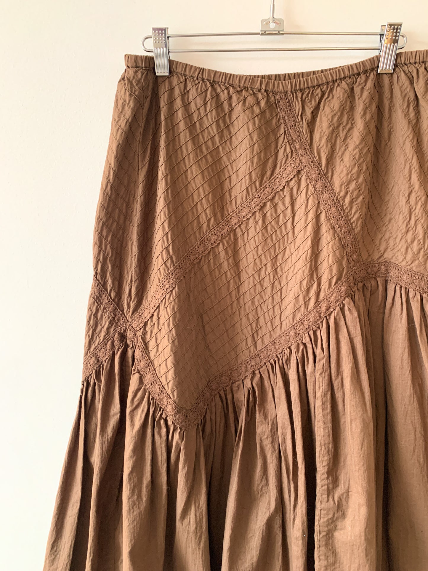 90s Brown Pleated Lace Prairie Skirt