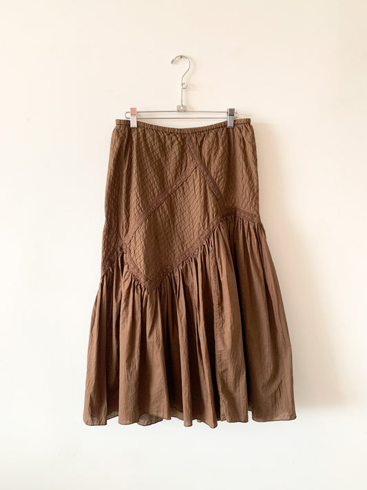 90s Brown Pleated Lace Prairie Skirt