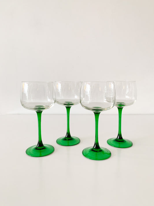 Vintage Green Stem Glasses, set of 4.