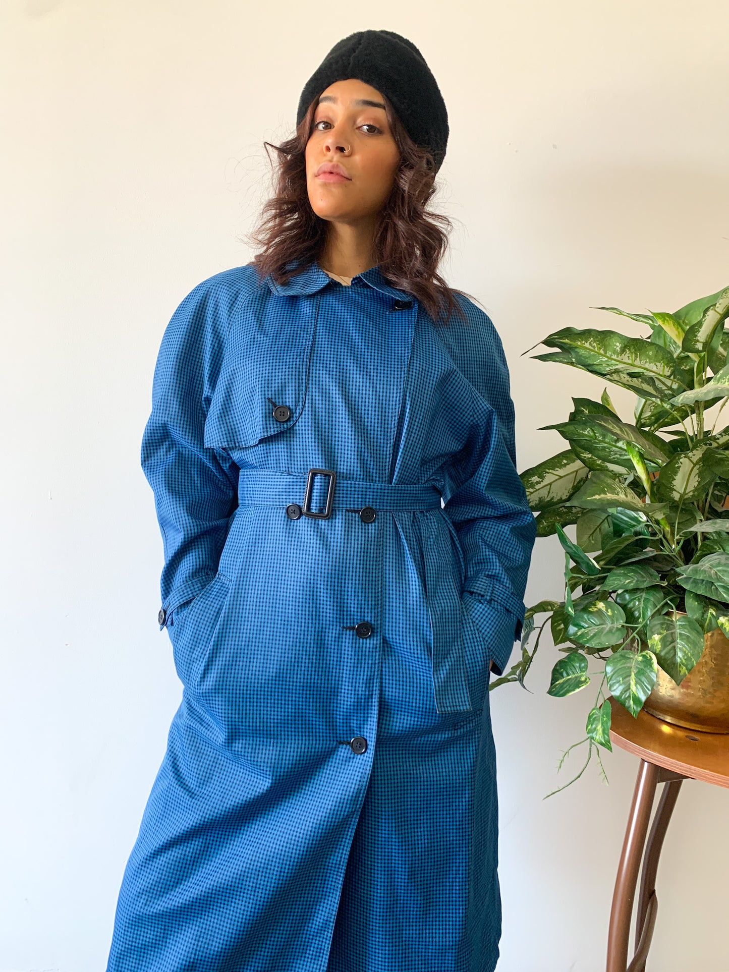 Blue Gingham Belted Trench Coat