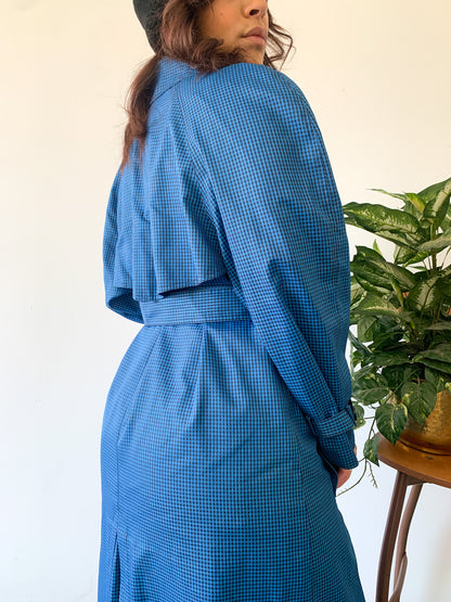 Blue Gingham Belted Trench Coat