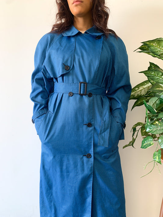 Blue Gingham Belted Trench Coat