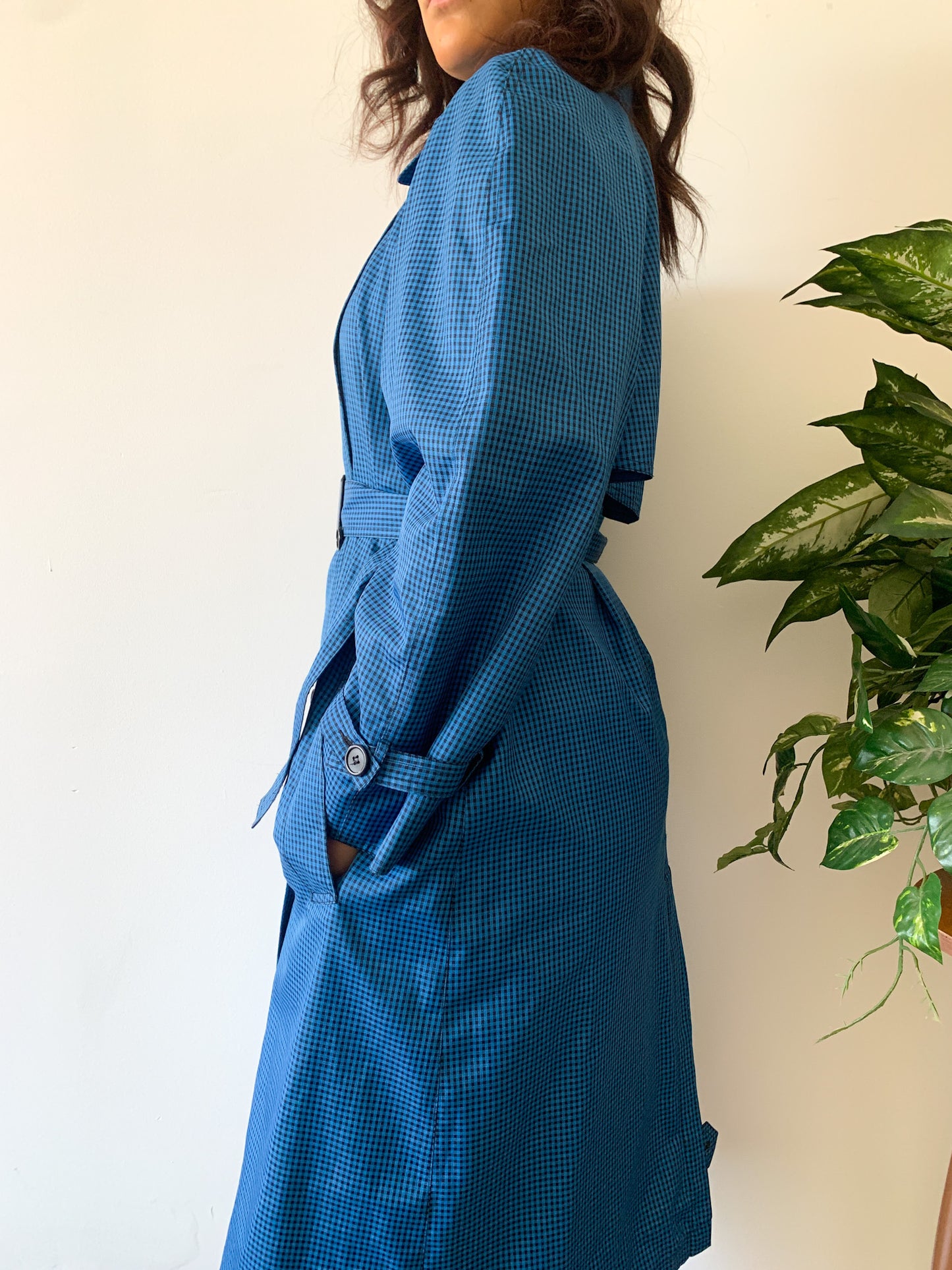 Blue Gingham Belted Trench Coat