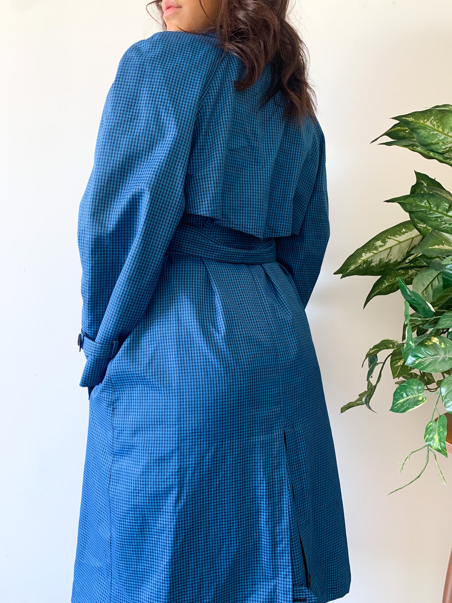 Blue Gingham Belted Trench Coat