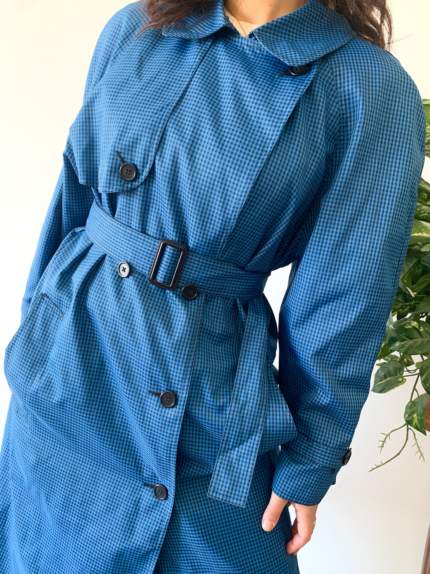 Blue Gingham Belted Trench Coat