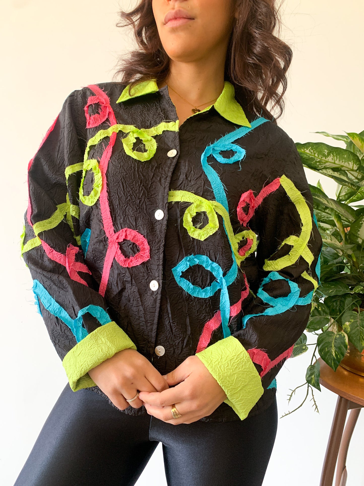 Neon Ribbon Collared Blouse