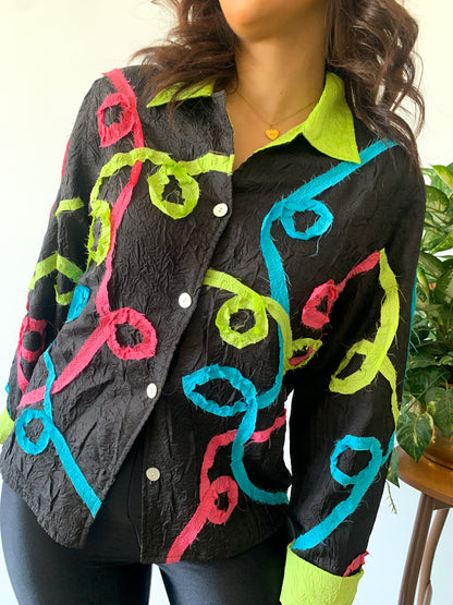 Neon Ribbon Collared Blouse