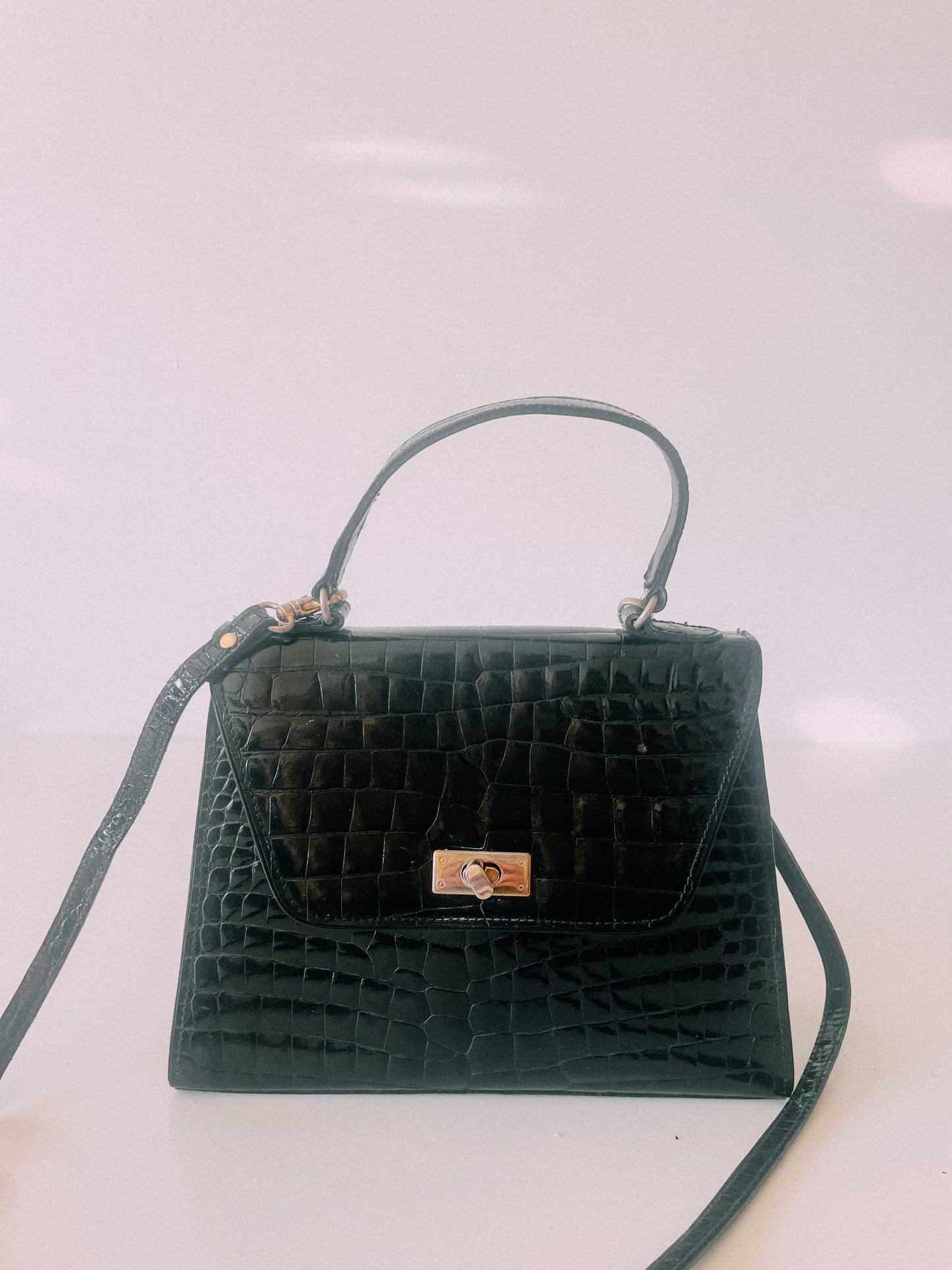 80s Black Croc Leather Handbag