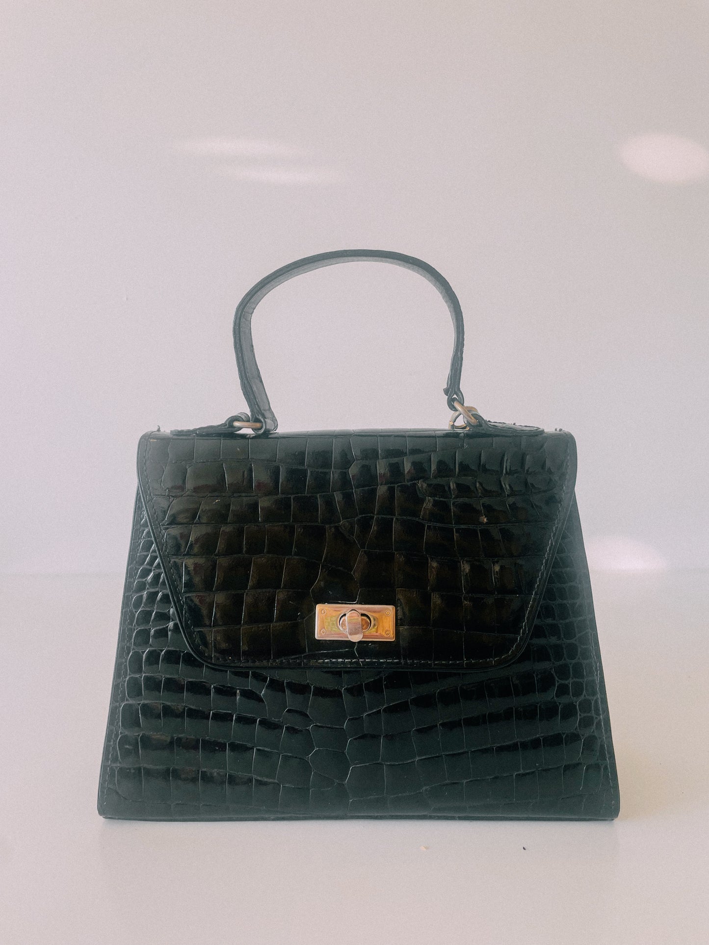 80s Black Croc Leather Handbag