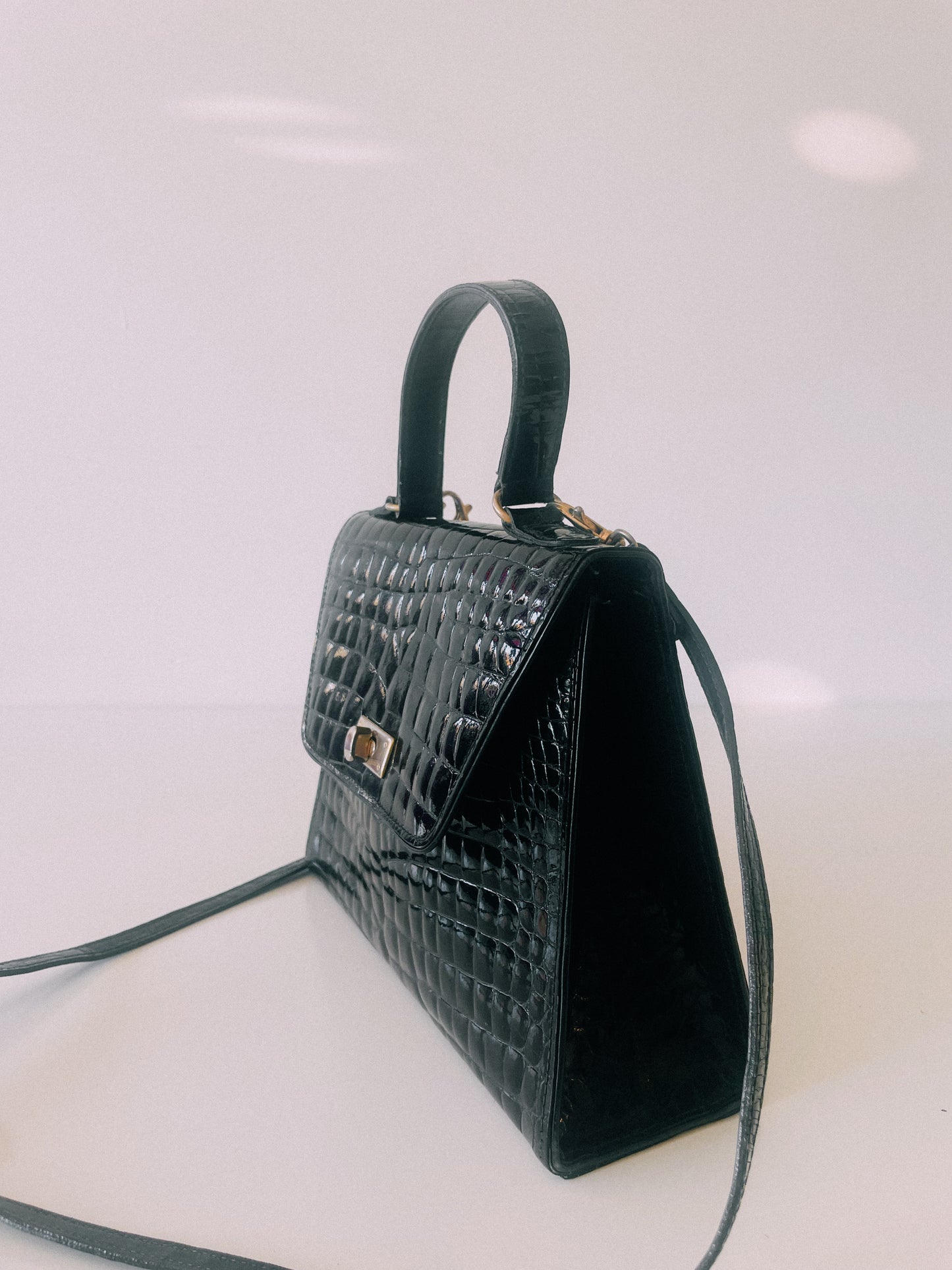 80s Black Croc Leather Handbag