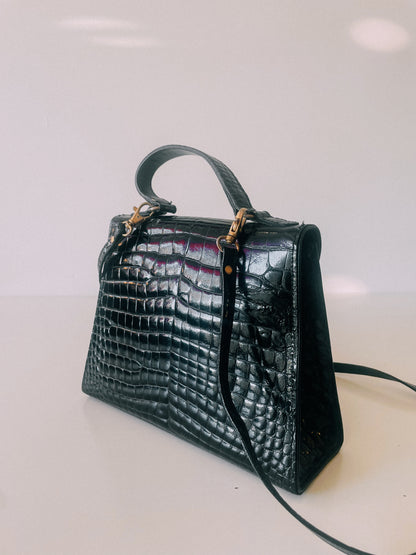 80s Black Croc Leather Handbag