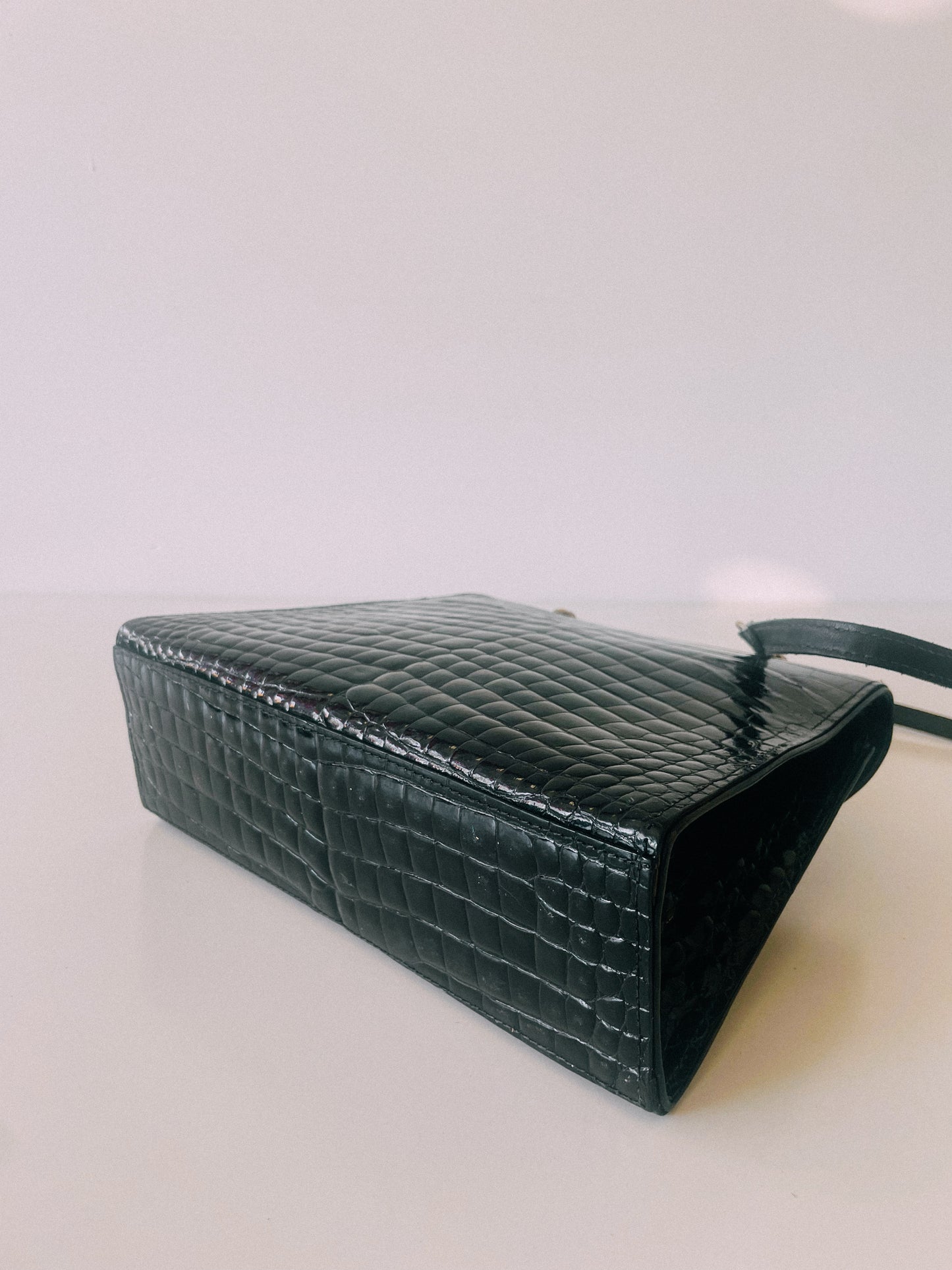 80s Black Croc Leather Handbag