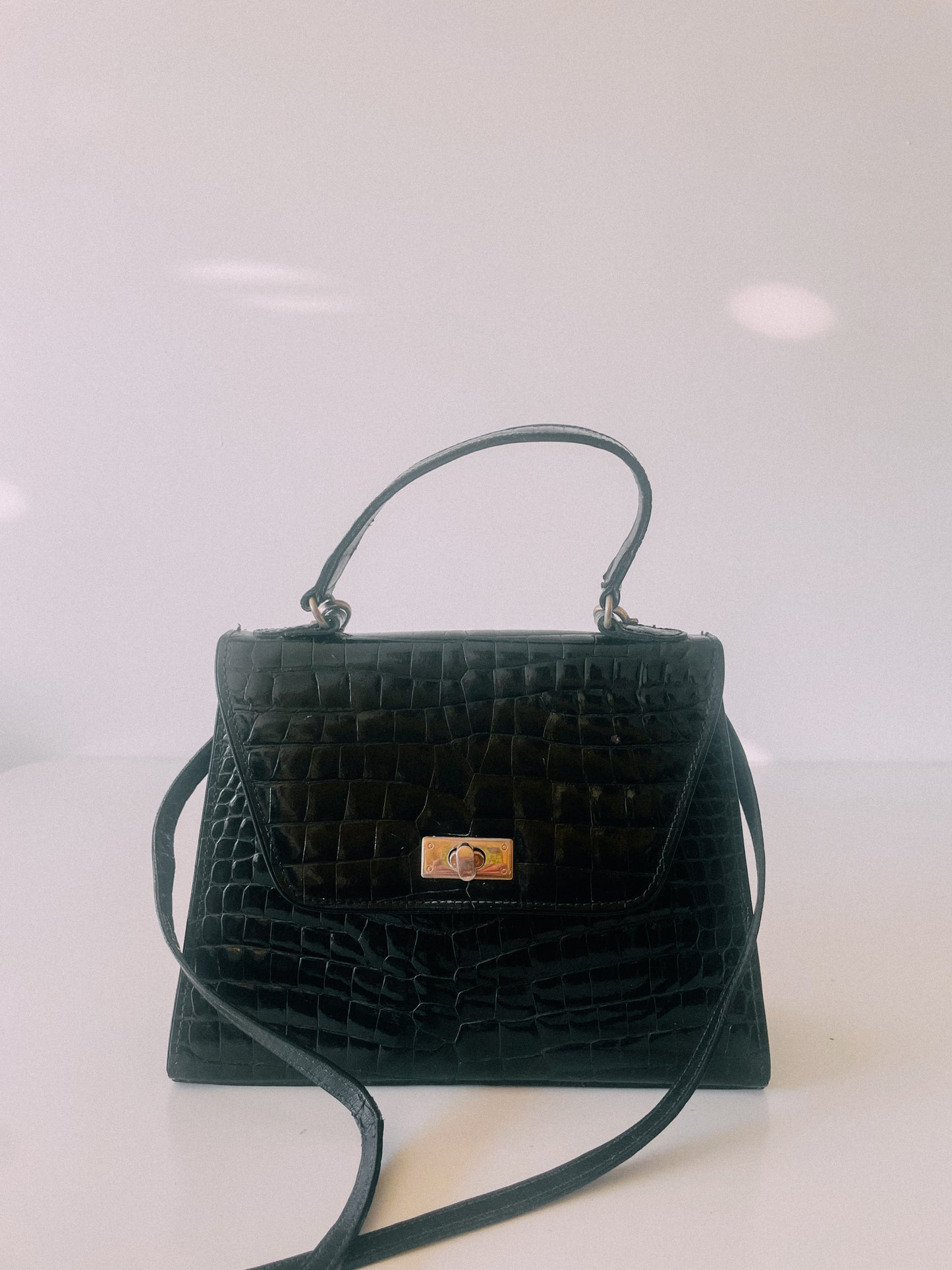 80s Black Croc Leather Handbag